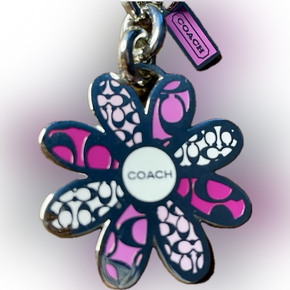 COACH Vintage Double Daisy Delight Pink Silver Signature Charm Keychain like new - Picture 3 of 9
